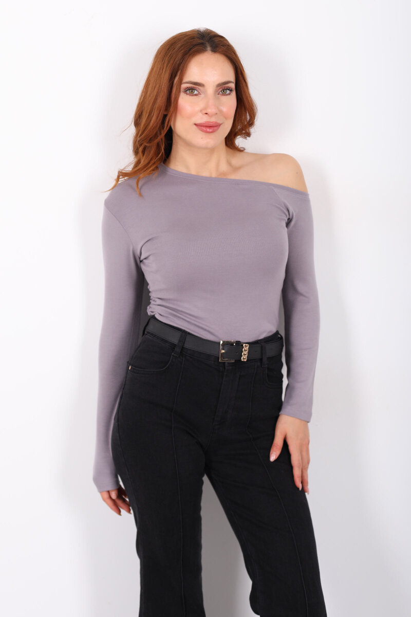 Düşük Omuz Drapeli Vizon Kadın Bluz - 5