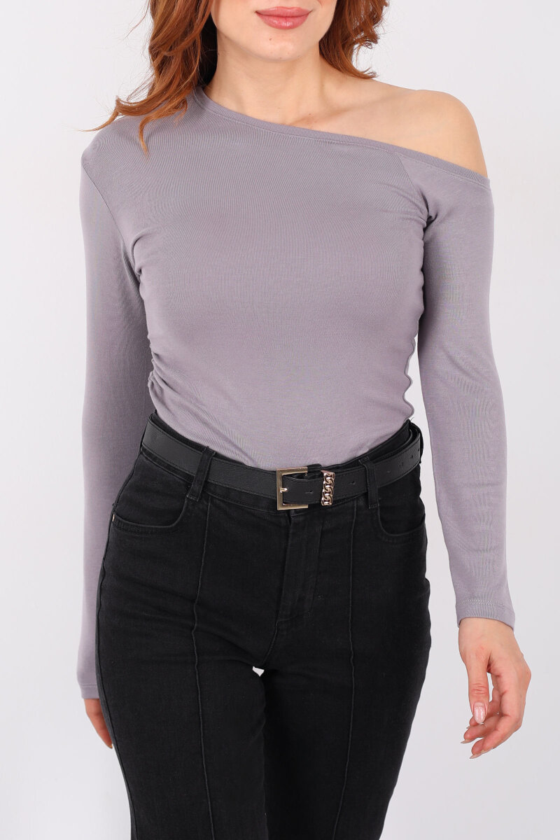 Düşük Omuz Drapeli Vizon Kadın Bluz - 2