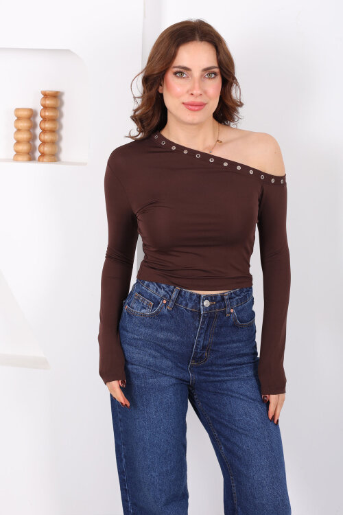 Düşük Omuz Kuş Göz Detaylı Acı Kahve Kadın Sandy Bluz - 6