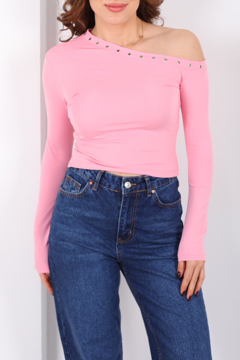 Düşük Omuz Kuş Göz Detaylı Pembe Kadın Sandy Bluz - 2