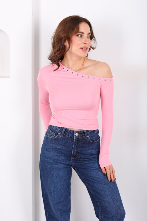 Düşük Omuz Kuş Göz Detaylı Pembe Kadın Sandy Bluz - 3