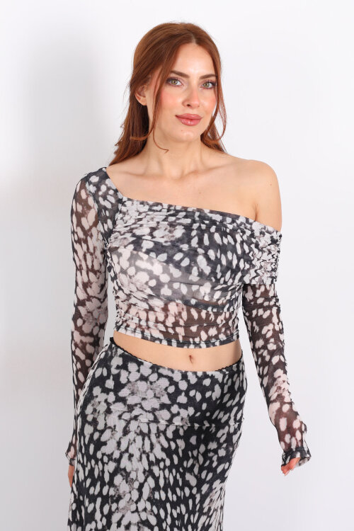 Düşük Omuz Leopar Desenli Siyah Kadın Bluz - 5