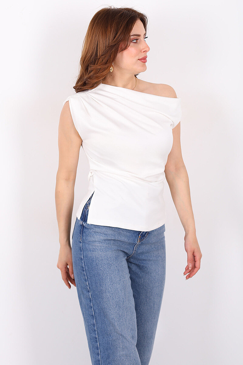 Düşük Omuz Sırtı Bağlamalı Kadın Beyaz Modal Bluz - 5