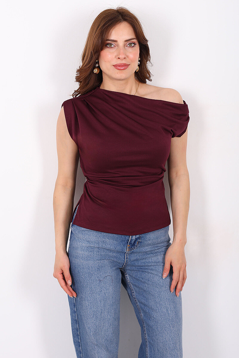 Düşük Omuz Sırtı Bağlamalı Kadın Mürdüm Modal Bluz - 4