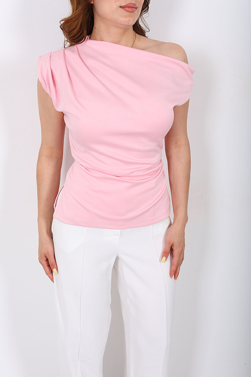Düşük Omuz Sırtı Bağlamalı Kadın Pembe Modal Bluz - 2