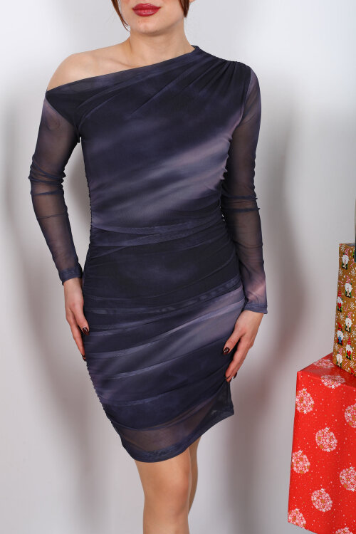 Düşük Omuz Yanları Drapeli Antrasit Kadın Tül Elbise - Berox (1)