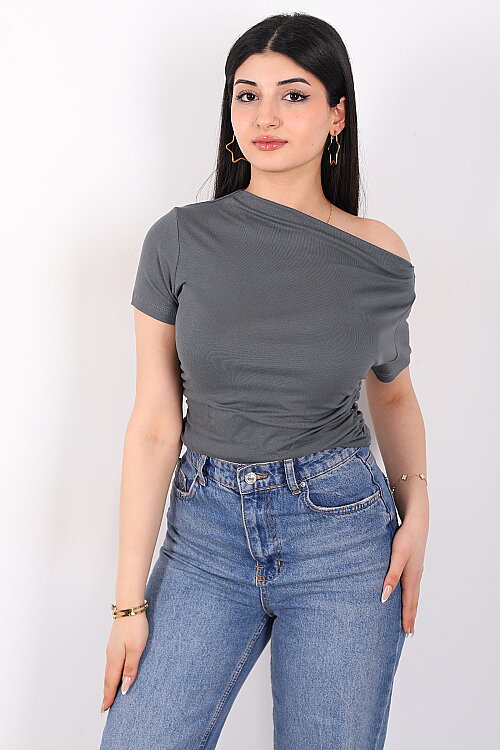 Düşük Omuz Yanları Drapeli Kadın Antrasit Kısa Kol Basic Body - 5