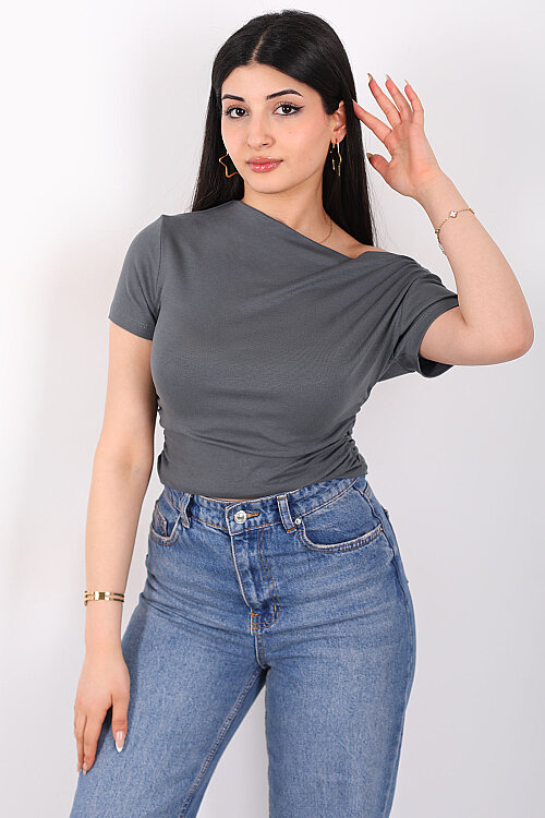 Düşük Omuz Yanları Drapeli Kadın Antrasit Kısa Kol Basic Body - 3