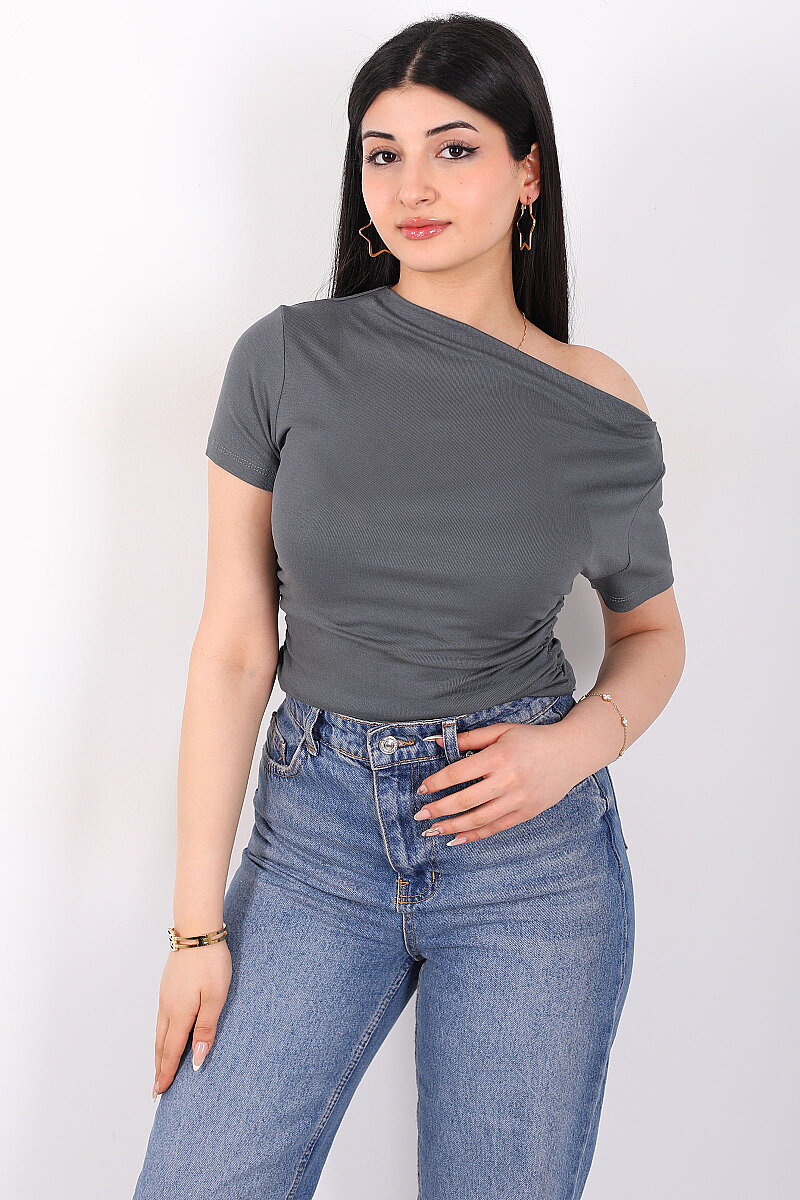 Düşük Omuz Yanları Drapeli Kadın Antrasit Kısa Kol Basic Body - 4