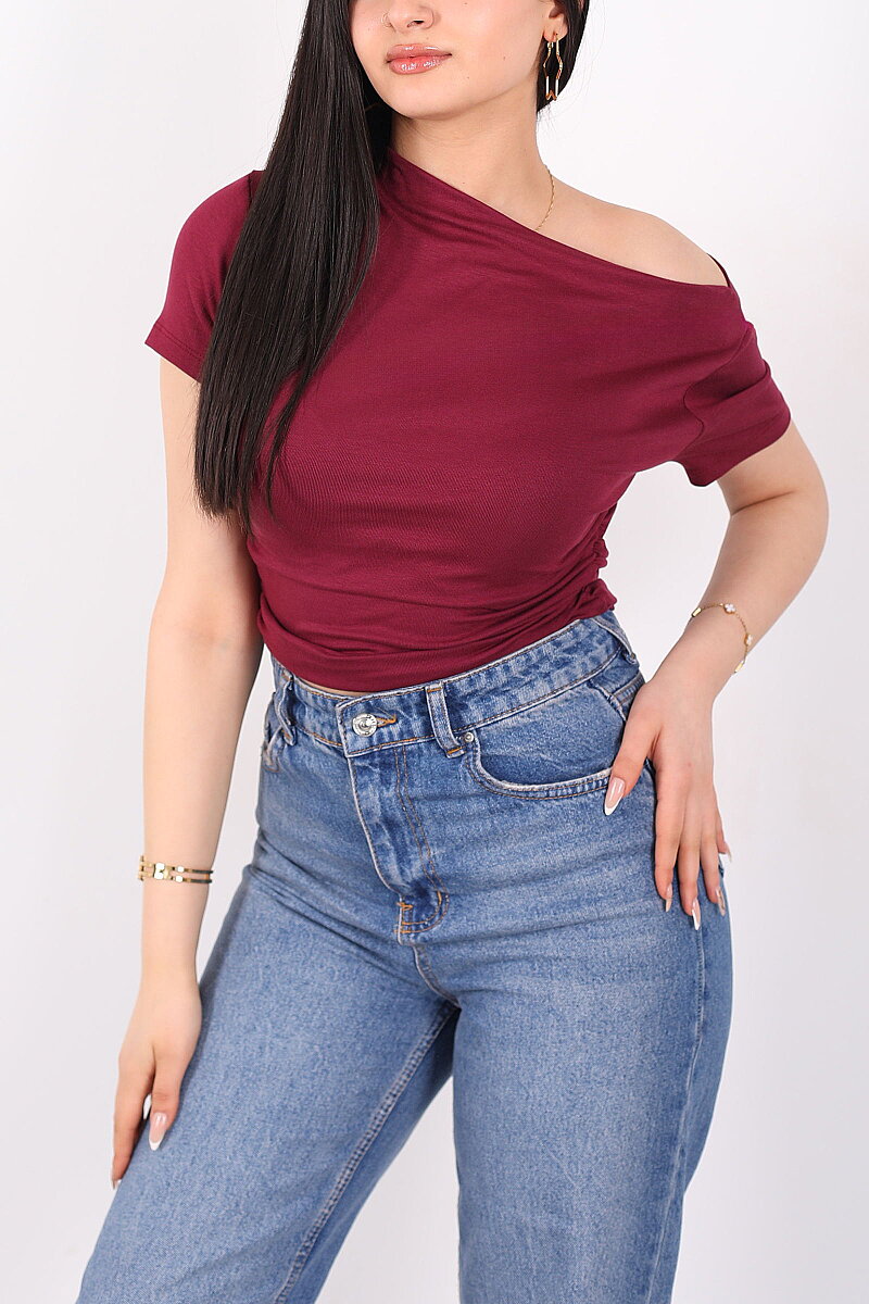 Düşük Omuz Yanları Drapeli Kadın Bordo Kısa Kol Basic Body - 2