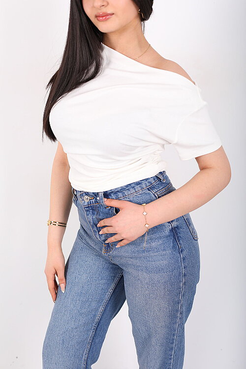 Düşük Omuz Yanları Drapeli Kadın Ekru Kısa Kol Basic Body - Berox (1)