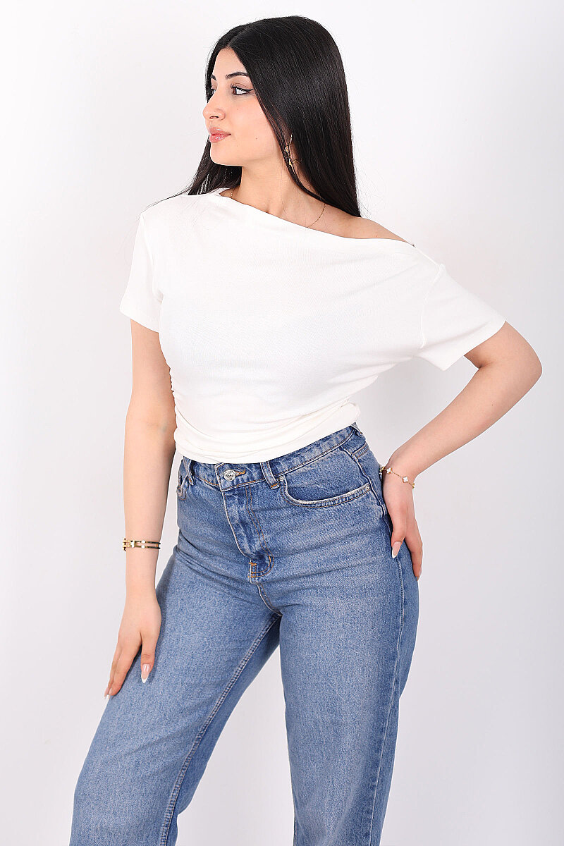 Düşük Omuz Yanları Drapeli Kadın Ekru Kısa Kol Basic Body - 6