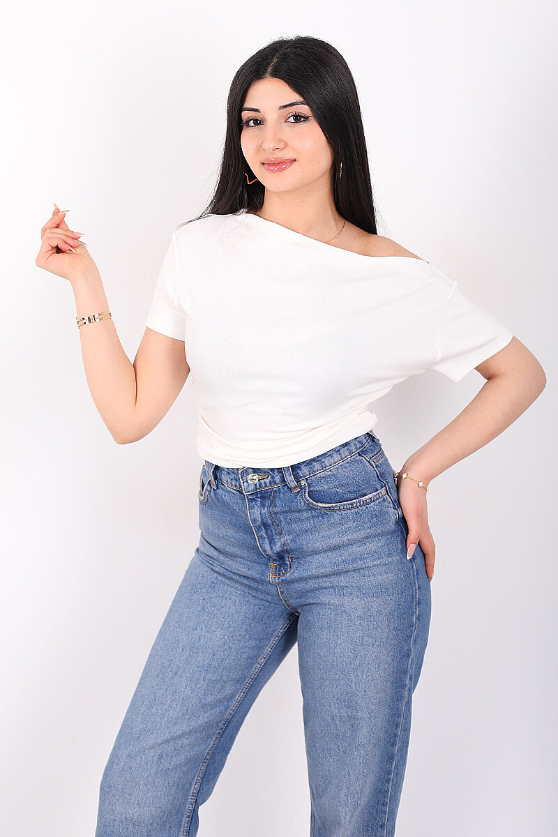 Düşük Omuz Yanları Drapeli Kadın Ekru Kısa Kol Basic Body - 1