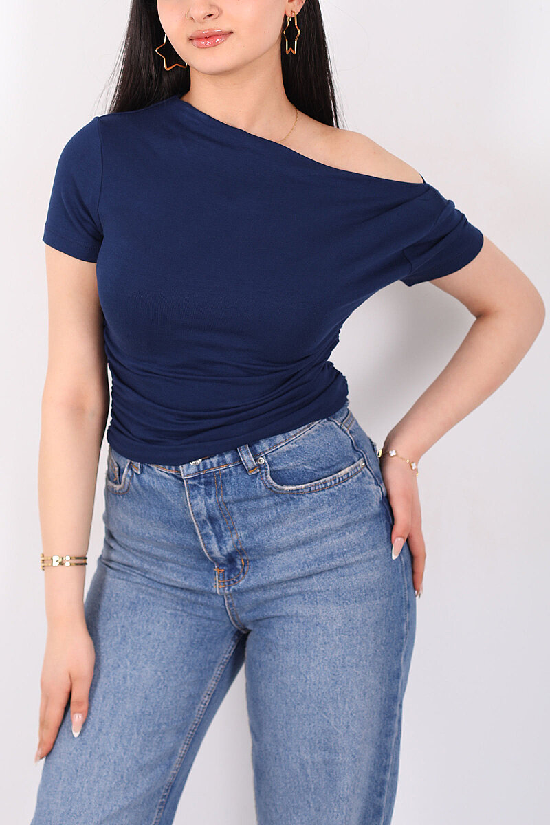 Düşük Omuz Yanları Drapeli Kadın Lacivert Kısa Kol Basic Body - 2