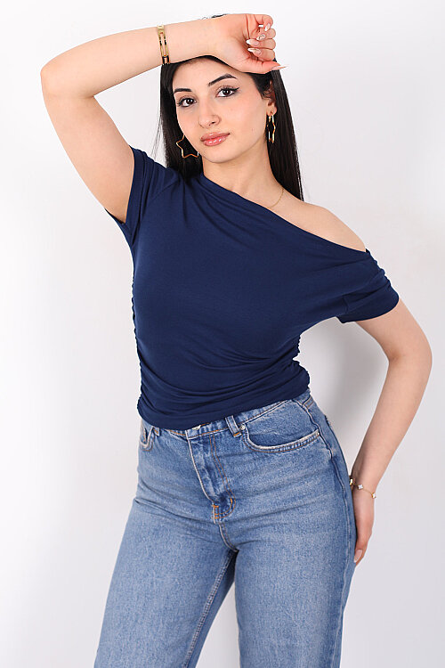 Düşük Omuz Yanları Drapeli Kadın Lacivert Kısa Kol Basic Body - 3