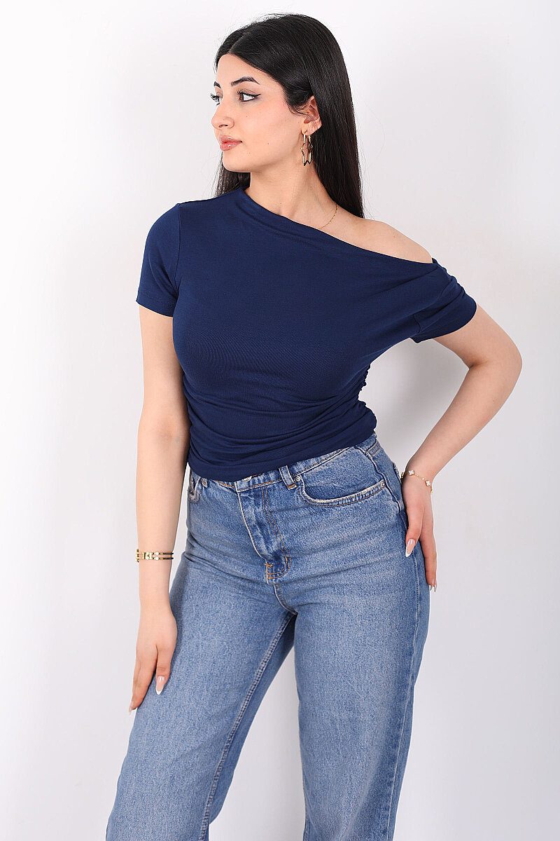 Düşük Omuz Yanları Drapeli Kadın Lacivert Kısa Kol Basic Body - 4