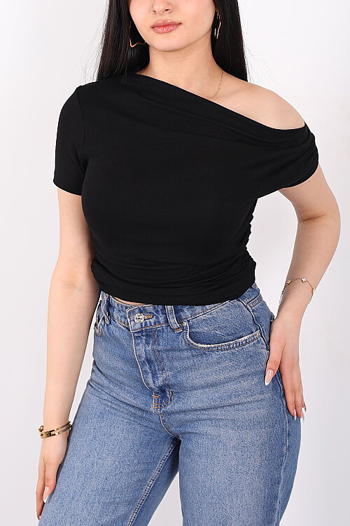 Düşük Omuz Yanları Drapeli Kadın Siyah Kısa Kol Basic Body - Berox (1)