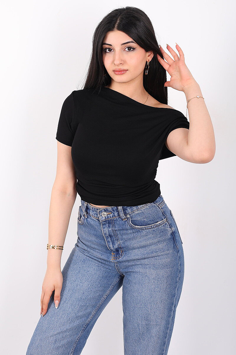 Düşük Omuz Yanları Drapeli Kadın Siyah Kısa Kol Basic Body - 1