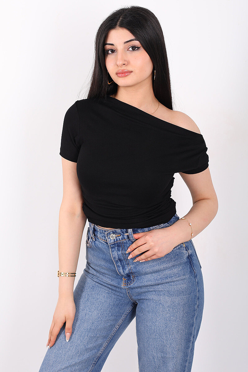 Düşük Omuz Yanları Drapeli Kadın Siyah Kısa Kol Basic Body - 4