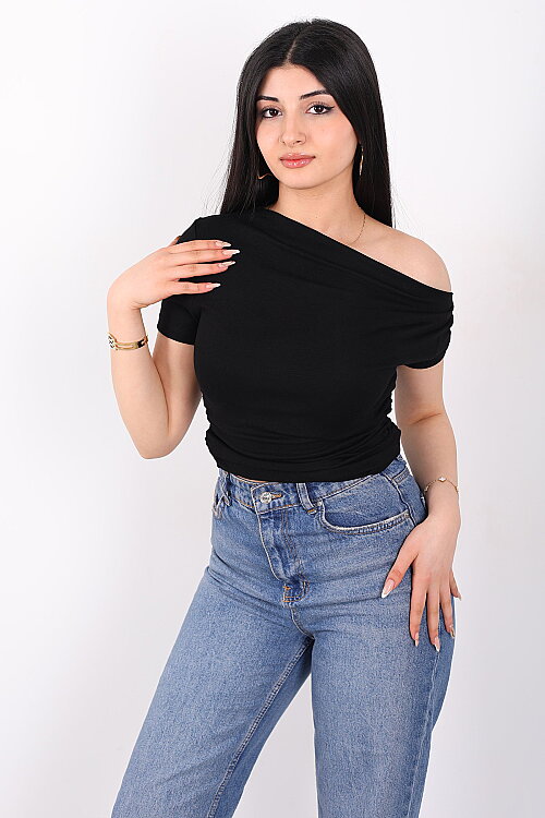 Düşük Omuz Yanları Drapeli Kadın Siyah Kısa Kol Basic Body - 6