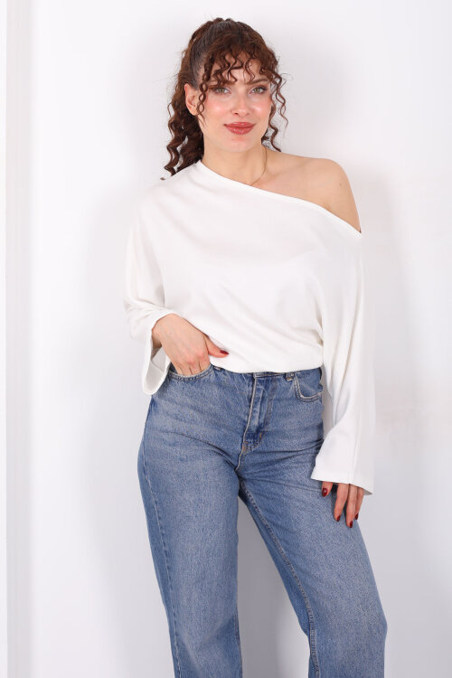 Düşük Omuz Yarasa Kol Beyaz Kadın Bluz - 6