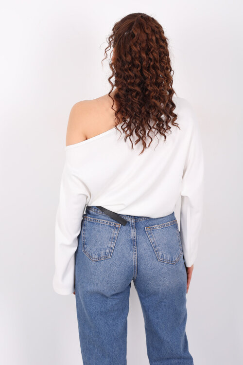 Düşük Omuz Yarasa Kol Beyaz Kadın Bluz - 5