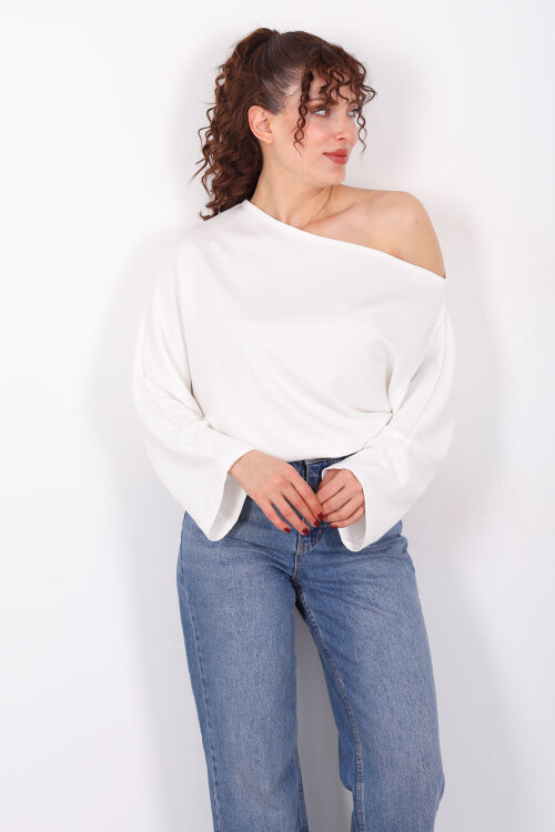 Düşük Omuz Yarasa Kol Beyaz Kadın Bluz - Berox