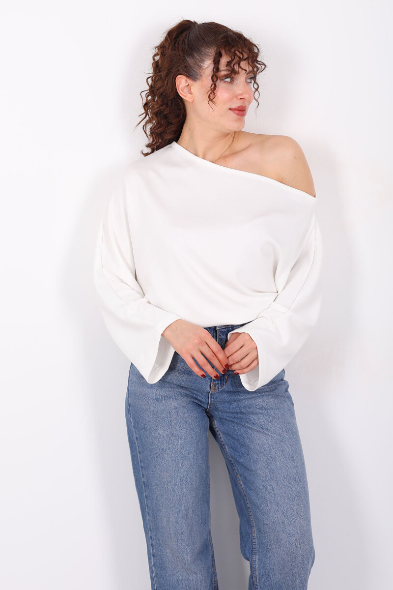 Düşük Omuz Yarasa Kol Beyaz Kadın Bluz - 1