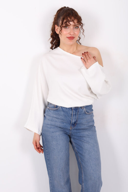 Düşük Omuz Yarasa Kol Beyaz Kadın Bluz - 3