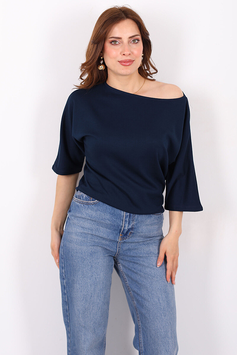 Düşük Omuz Yarasa Kol Kadın Lacivert Modal Bluz - 3