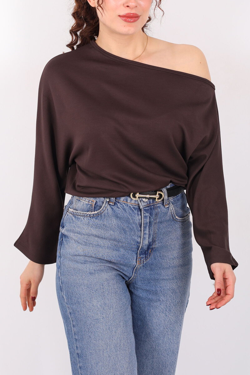 Düşük Omuz Yarasa Kol Kahverengi Kadın Bluz - 2