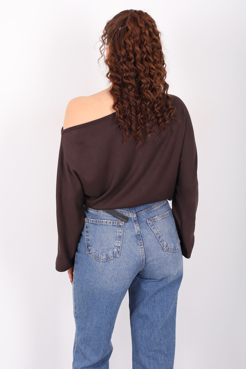 Düşük Omuz Yarasa Kol Kahverengi Kadın Bluz - 5