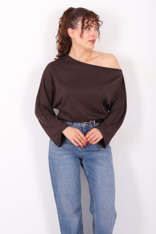 Düşük Omuz Yarasa Kol Kahverengi Kadın Bluz - Berox