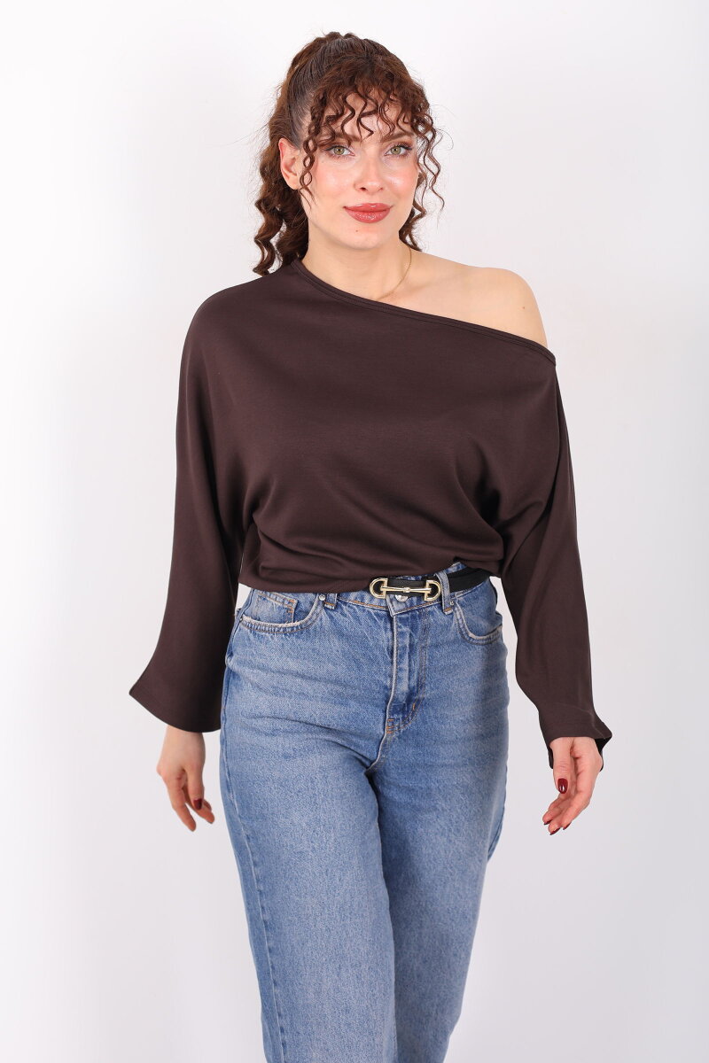 Düşük Omuz Yarasa Kol Kahverengi Kadın Bluz - 6