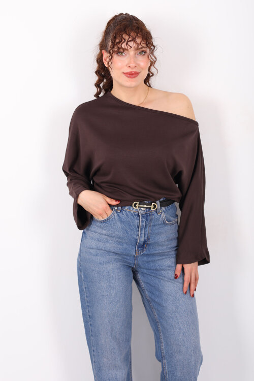 Düşük Omuz Yarasa Kol Kahverengi Kadın Bluz - 3