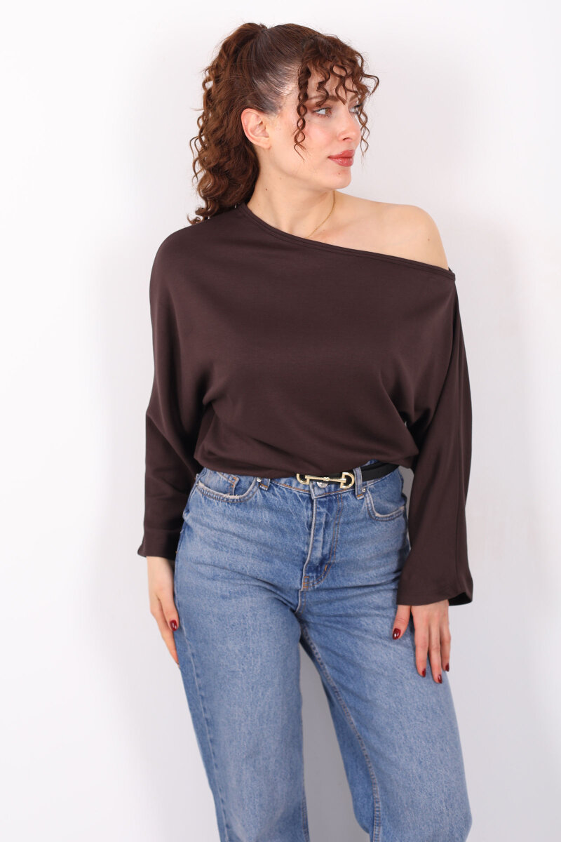 Düşük Omuz Yarasa Kol Kahverengi Kadın Bluz - 4