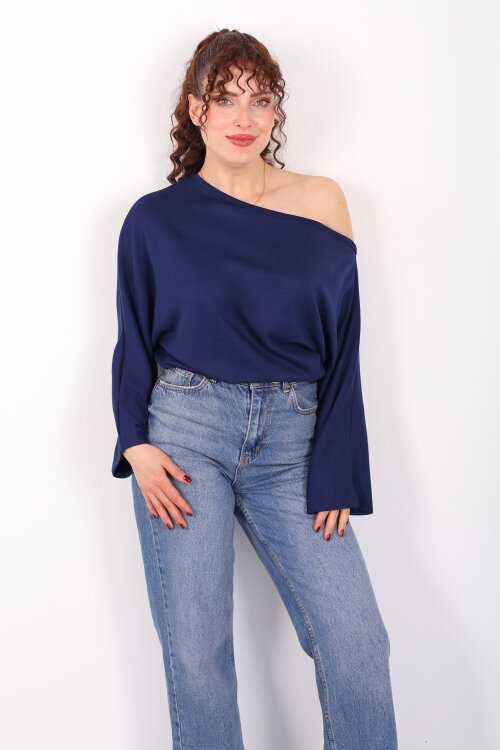 Düşük Omuz Yarasa Kol Lacivert Kadın Bluz - 4