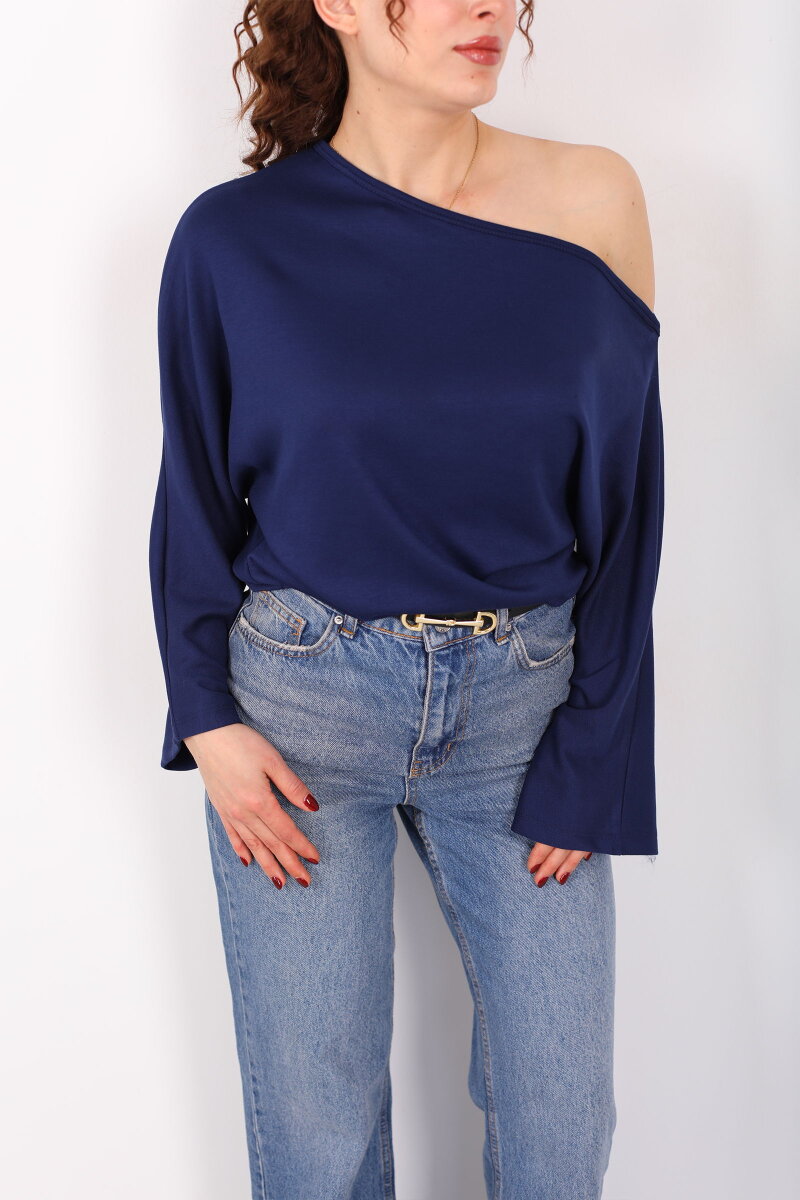 Düşük Omuz Yarasa Kol Lacivert Kadın Bluz - 2