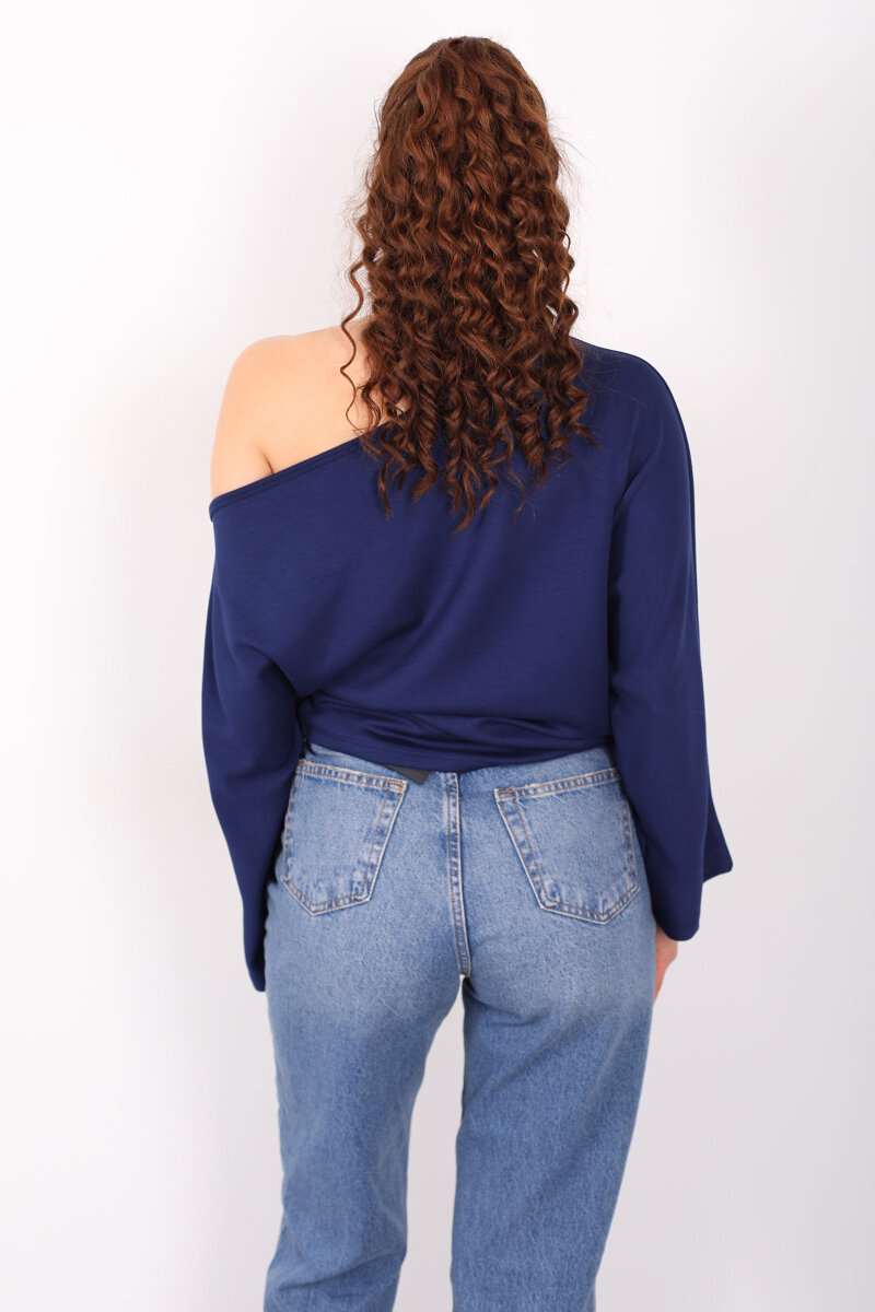Düşük Omuz Yarasa Kol Lacivert Kadın Bluz - 5