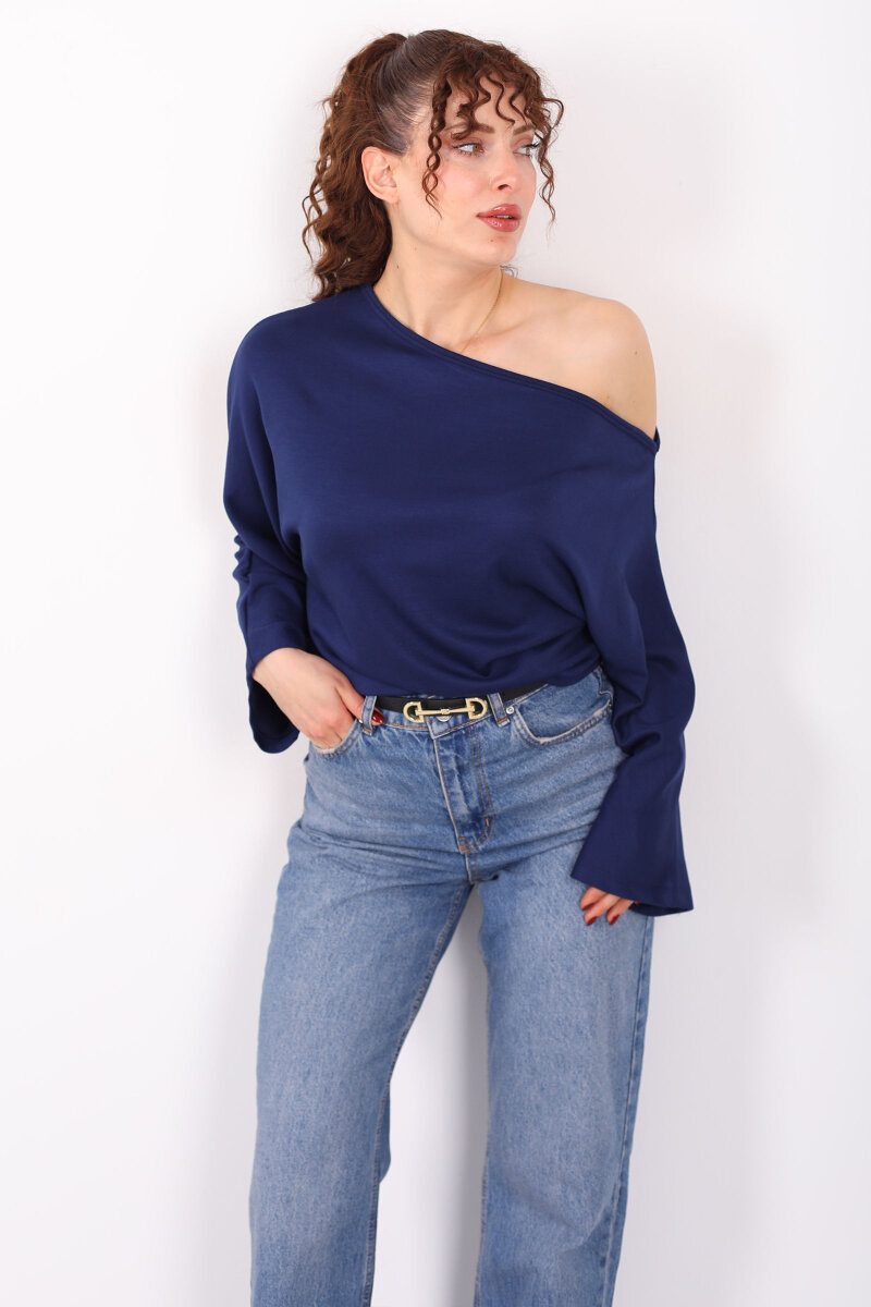 Düşük Omuz Yarasa Kol Lacivert Kadın Bluz - 3