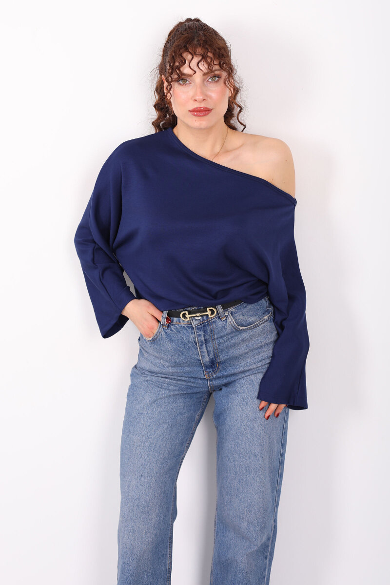 Düşük Omuz Yarasa Kol Lacivert Kadın Bluz - 6
