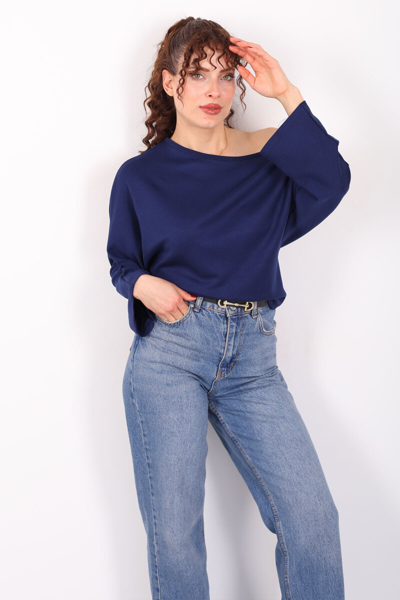 Düşük Omuz Yarasa Kol Lacivert Kadın Bluz - 1