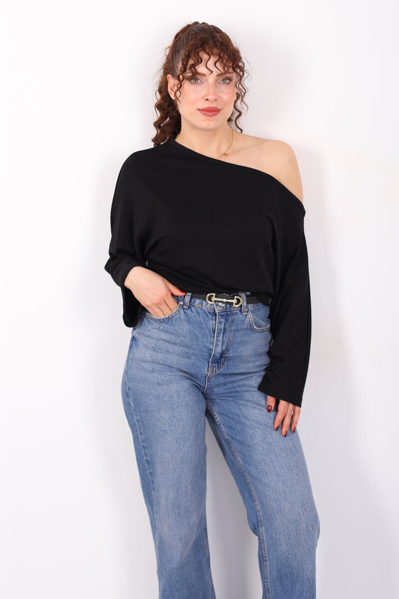 Düşük Omuz Yarasa Kol Siyah Kadın Bluz - 4