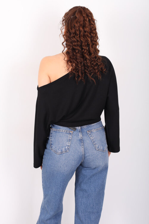 Düşük Omuz Yarasa Kol Siyah Kadın Bluz - 5