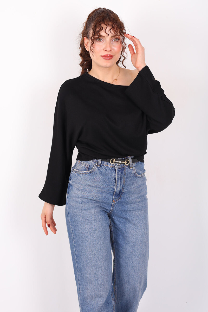 Düşük Omuz Yarasa Kol Siyah Kadın Bluz - 3