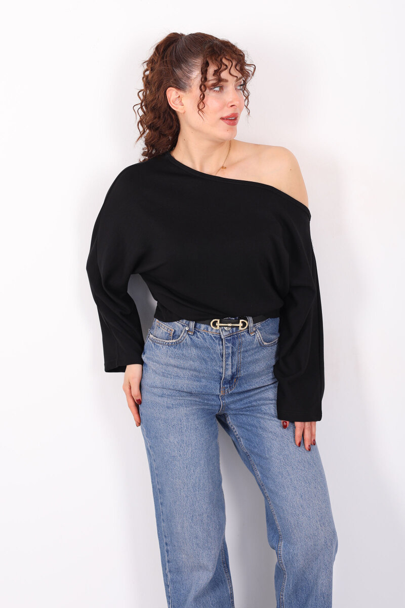 Düşük Omuz Yarasa Kol Siyah Kadın Bluz - 1