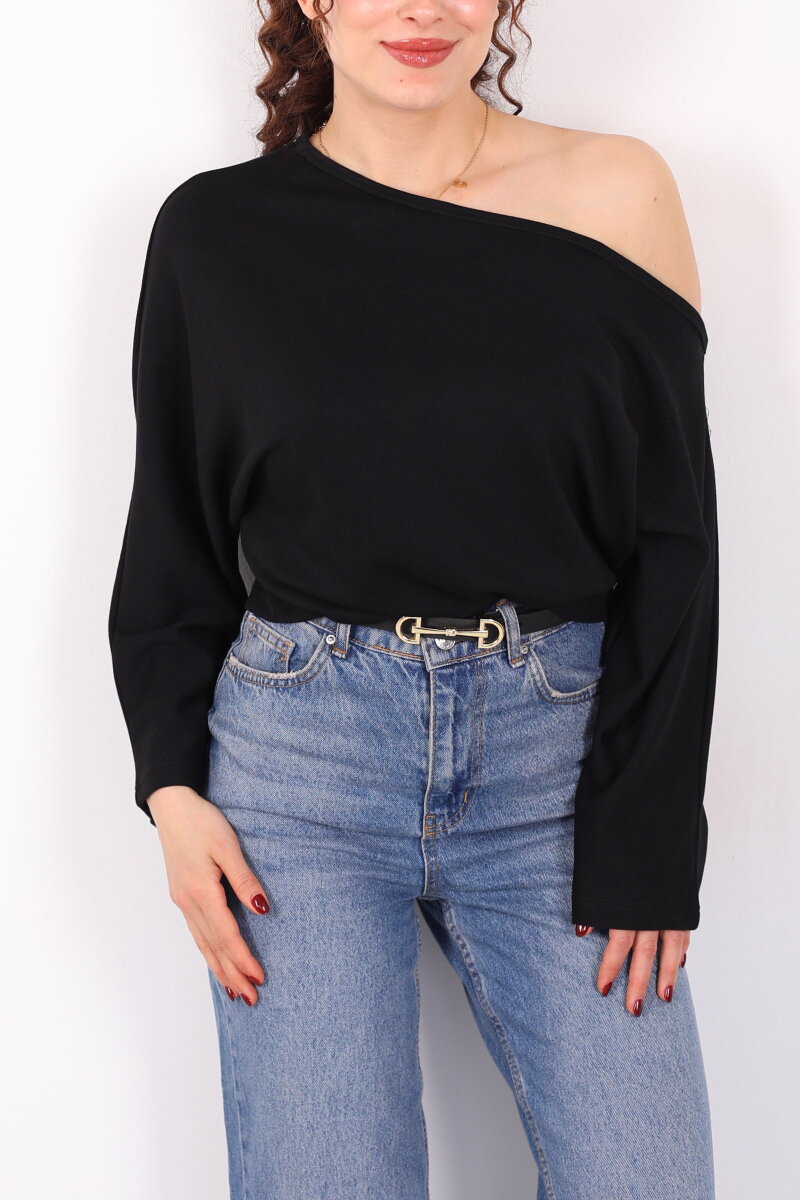 Düşük Omuz Yarasa Kol Siyah Kadın Bluz - 2