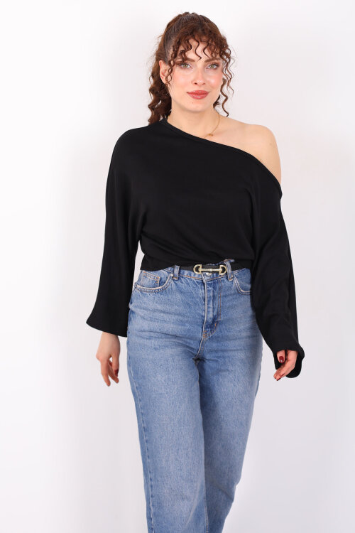 Düşük Omuz Yarasa Kol Siyah Kadın Bluz - 6