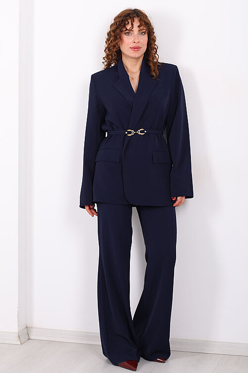 Düz Kemer Bol Paça Cepli Lacivert Kadın Pantolon - 3