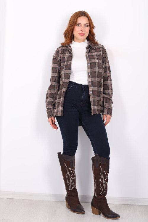 Ekose Desen Acı Kahve Kadın Oduncu Gömlek - 6